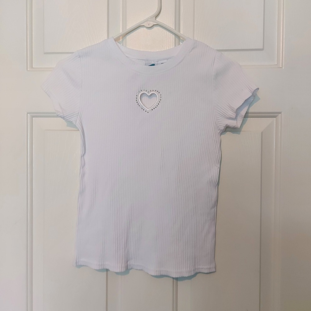 Extremely Me White Ribbed Baby Tee Heart Cutout Rhinestone SZ 14 Girls Women XS